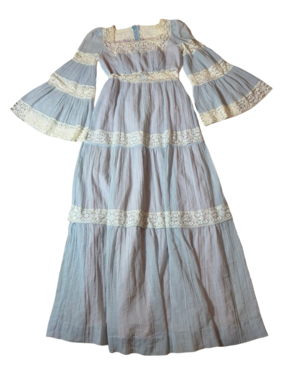Vintage 70s Roberta California Blue Lace Bell Sleeve Prairie Maxi Dress 7